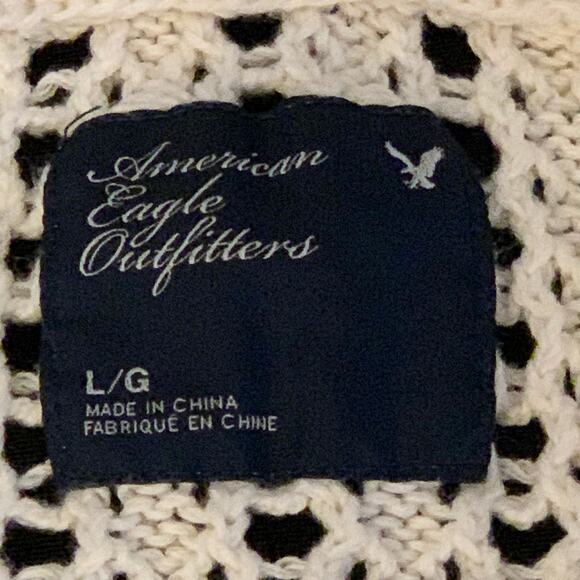 American Eagle Womens Sweater Large Cream Hooded Open Cable Knit Crochet Hoodie - Picture 3 of 11